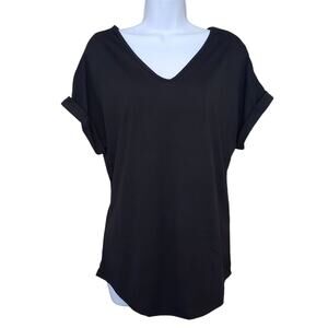 Shein Womens V-Neck Tee Size M Oversized Black Cuffed Drop Sleeve Top